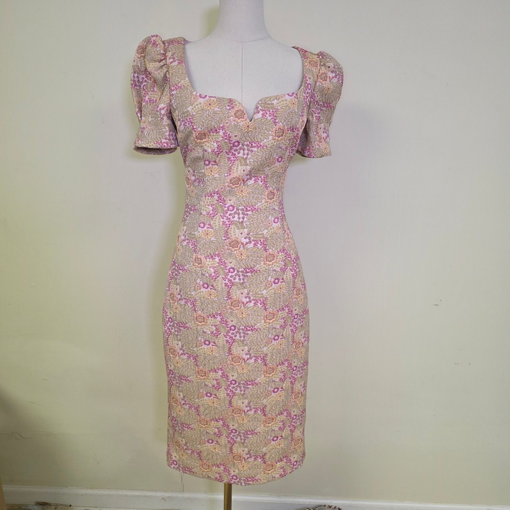 Rebecca Vallance Stella Floral Brocade‎ Dress Pink Gold Puff Sleeve Women 6 NEW